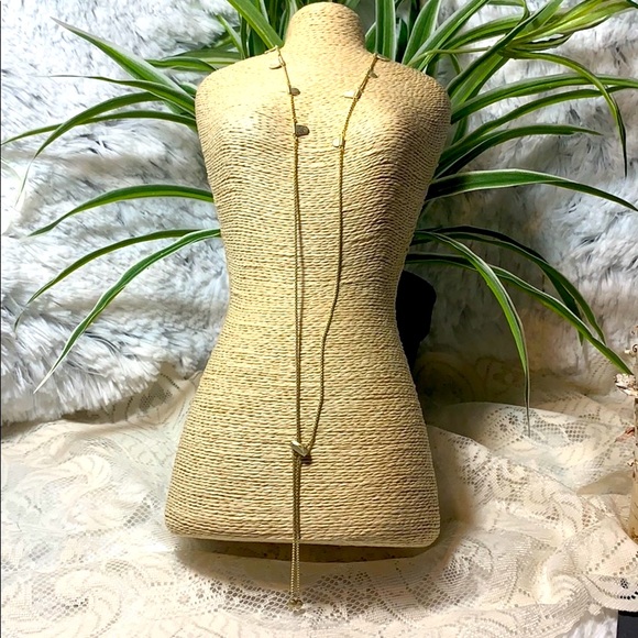 KENDRA SCOTT NECKLACE GOLD EXTRA LONG SLIDER BOLO OLIVE EUC - Picture 2 of 7